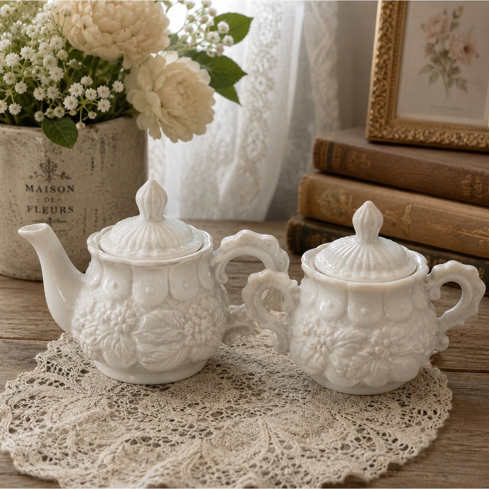 Cottagecore Embossed White Porcelain Small Teapot & Sugar Bowl Floral Vintage